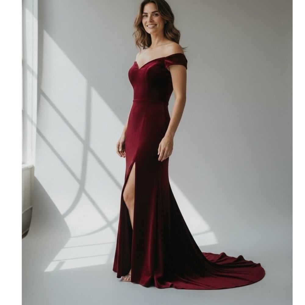 Deep Red Burgundy Off-Shoulder Formal Evening Gown thigh high slit size L